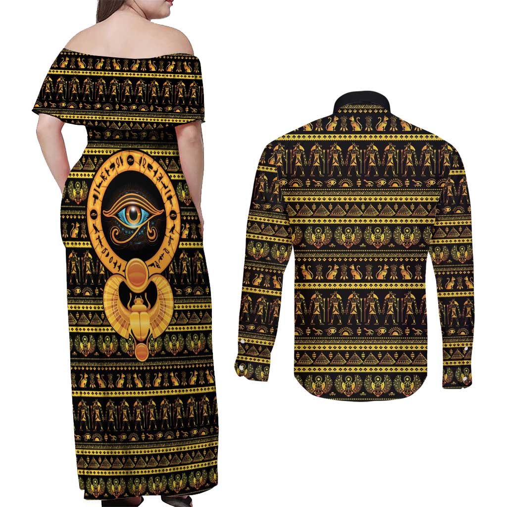 Egyptian God of The Sun Eye of Ra Couples Matching Off Shoulder Maxi Dress and Long Sleeve Button Shirt LT9 - Wonder Print Shop