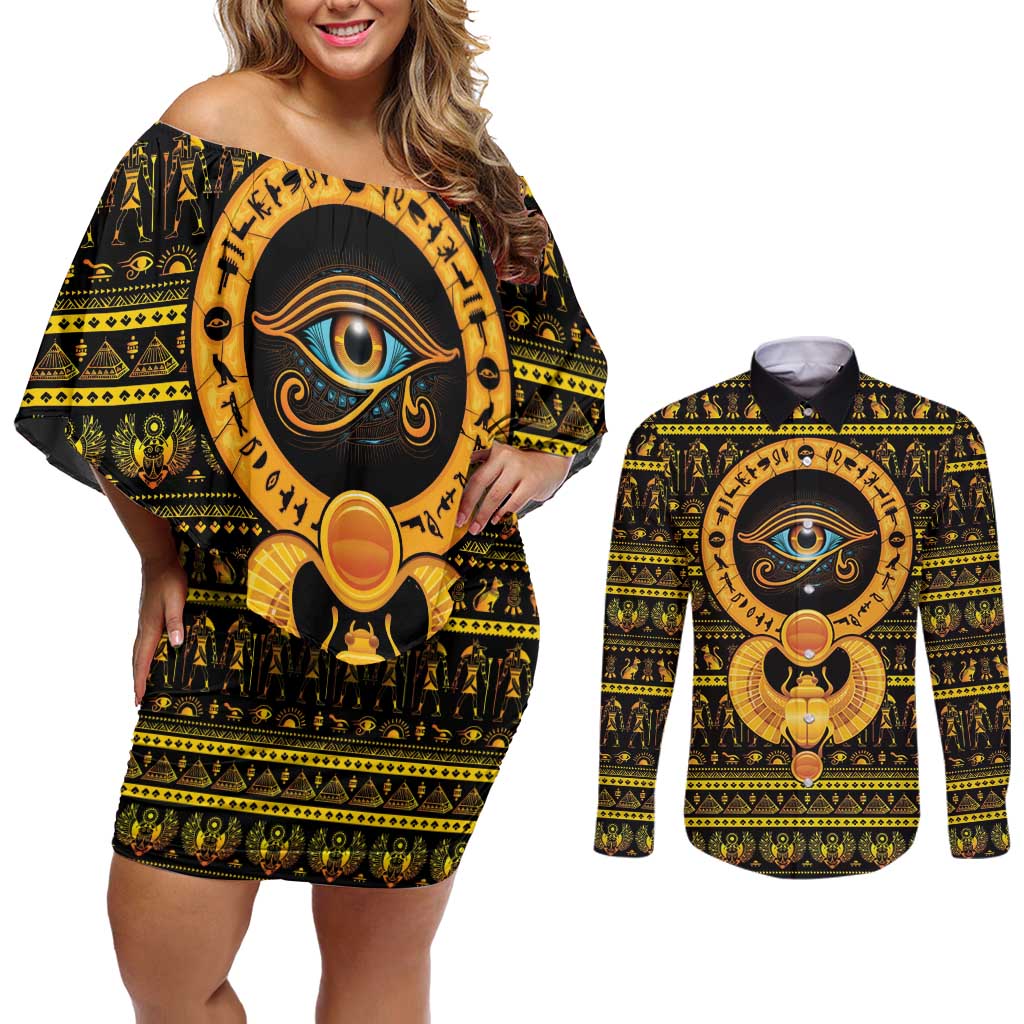 Egyptian God of The Sun Eye of Ra Couples Matching Off Shoulder Short Dress and Long Sleeve Button Shirt LT9 - Wonder Print Shop