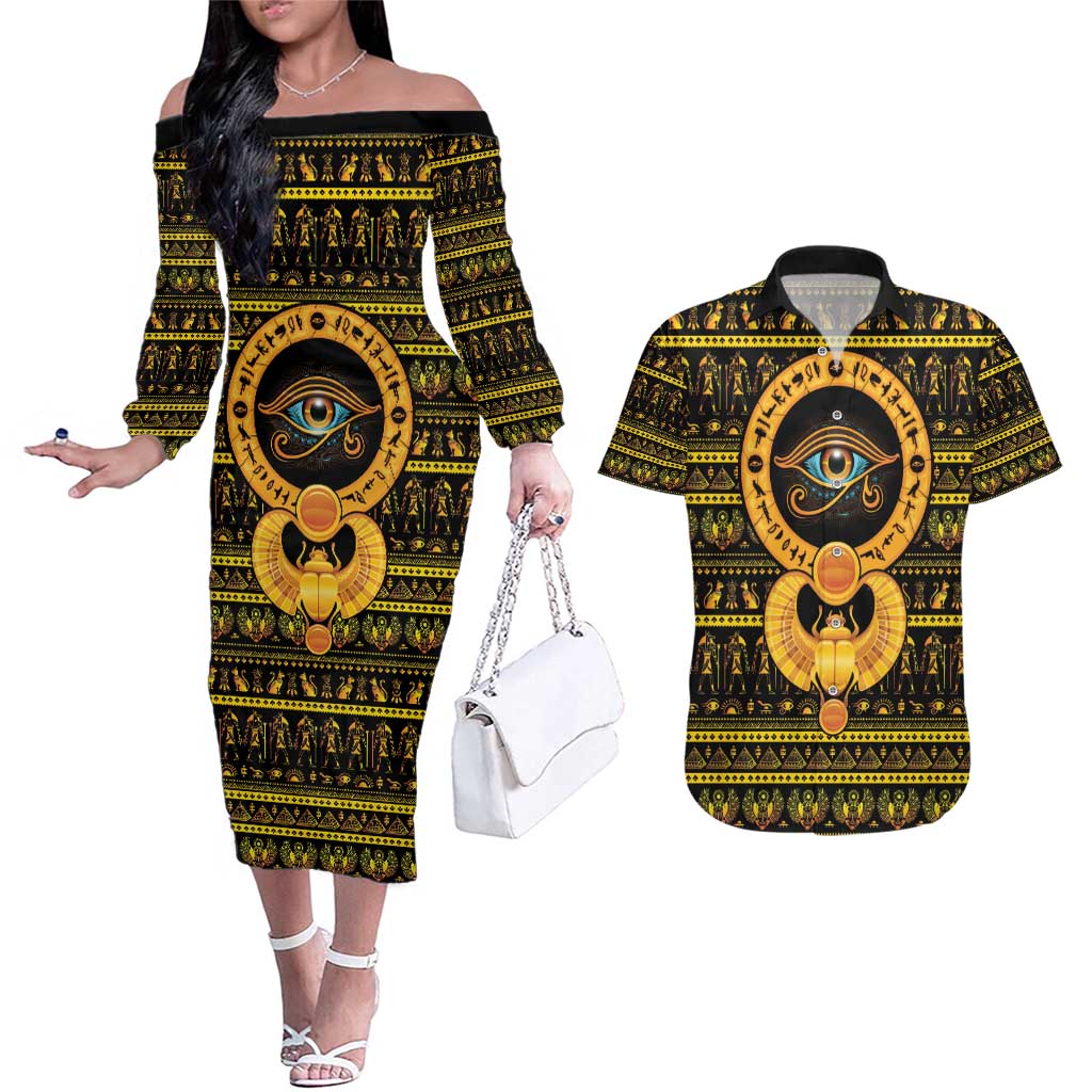 Egyptian God of The Sun Eye of Ra Couples Matching Off The Shoulder Long Sleeve Dress and Hawaiian Shirt LT9 - Wonder Print Shop