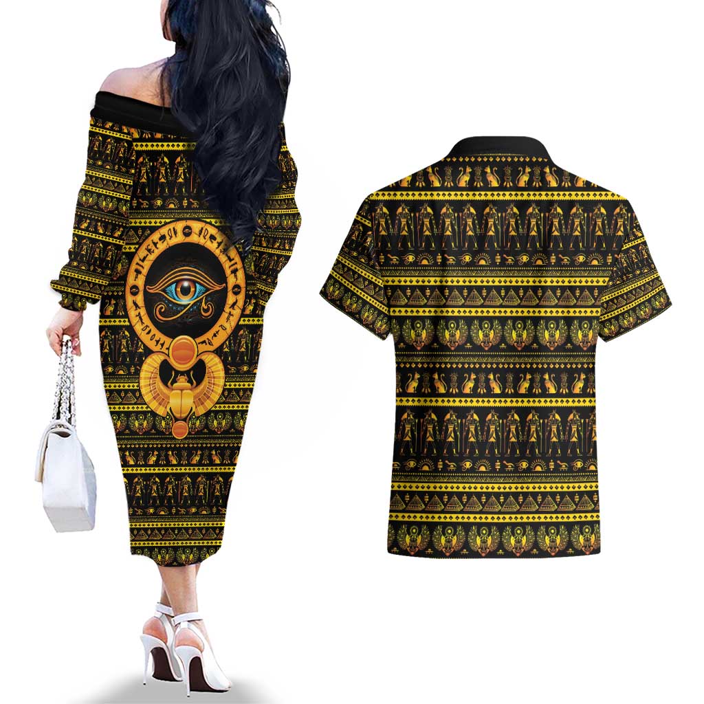 Egyptian God of The Sun Eye of Ra Couples Matching Off The Shoulder Long Sleeve Dress and Hawaiian Shirt LT9 - Wonder Print Shop