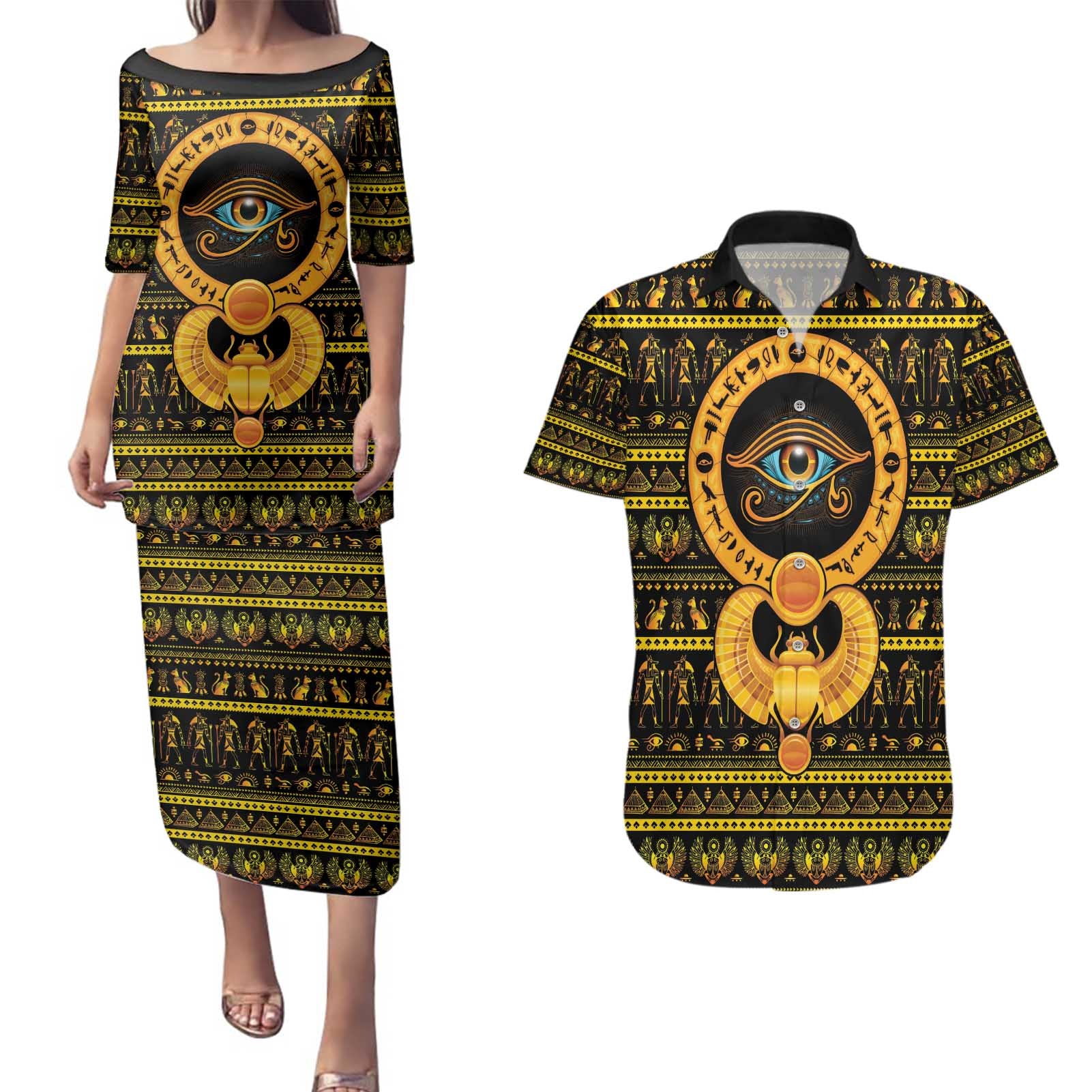 Egyptian God of The Sun Eye of Ra Couples Matching Puletasi and Hawaiian Shirt LT9 - Wonder Print Shop