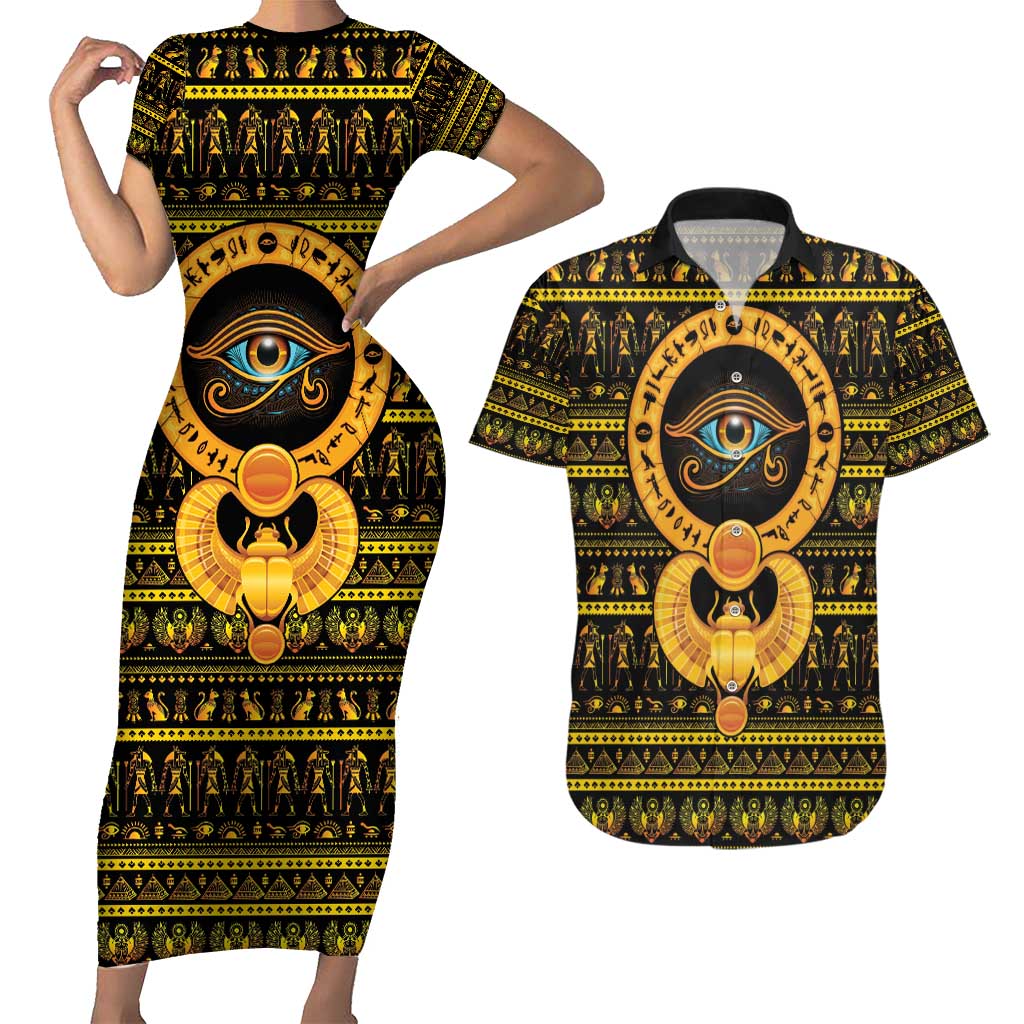 Egyptian God of The Sun Eye of Ra Couples Matching Short Sleeve Bodycon Dress and Hawaiian Shirt LT9 - Wonder Print Shop
