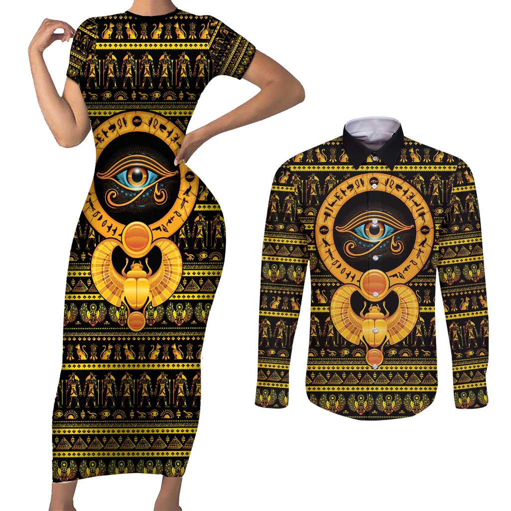 Egyptian God of The Sun Eye of Ra Couples Matching Short Sleeve Bodycon Dress and Long Sleeve Button Shirt LT9 - Wonder Print Shop