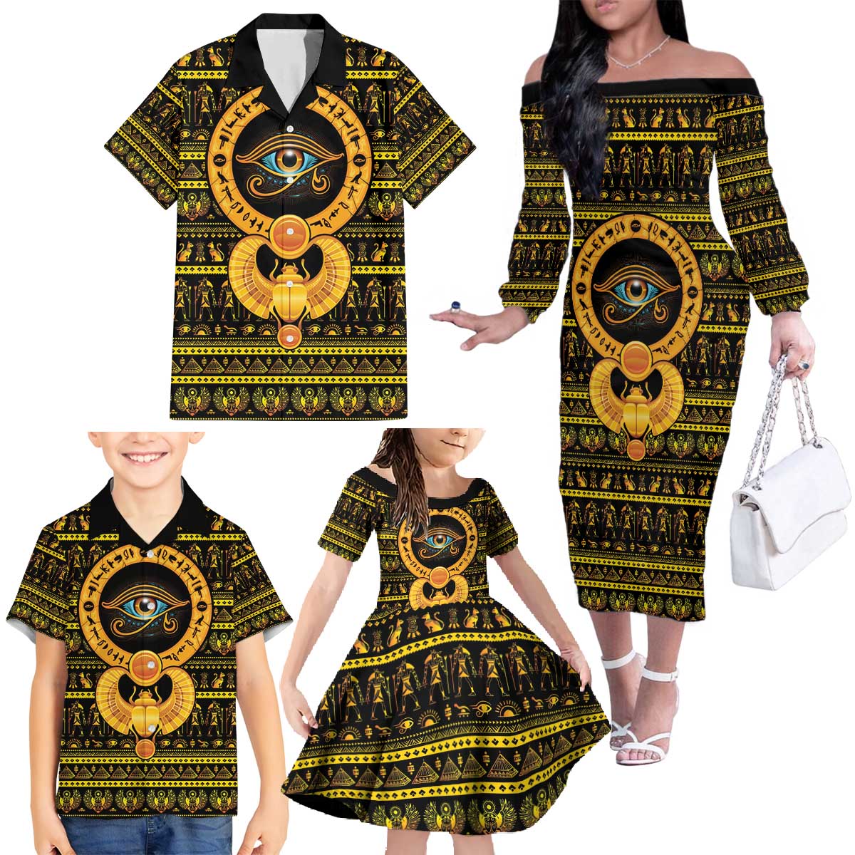 Egyptian God of The Sun Eye of Ra Family Matching Off The Shoulder Long Sleeve Dress and Hawaiian Shirt - Wonder Print Shop