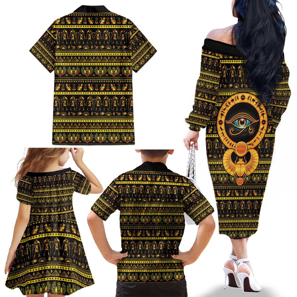 Egyptian God of The Sun Eye of Ra Family Matching Off The Shoulder Long Sleeve Dress and Hawaiian Shirt - Wonder Print Shop