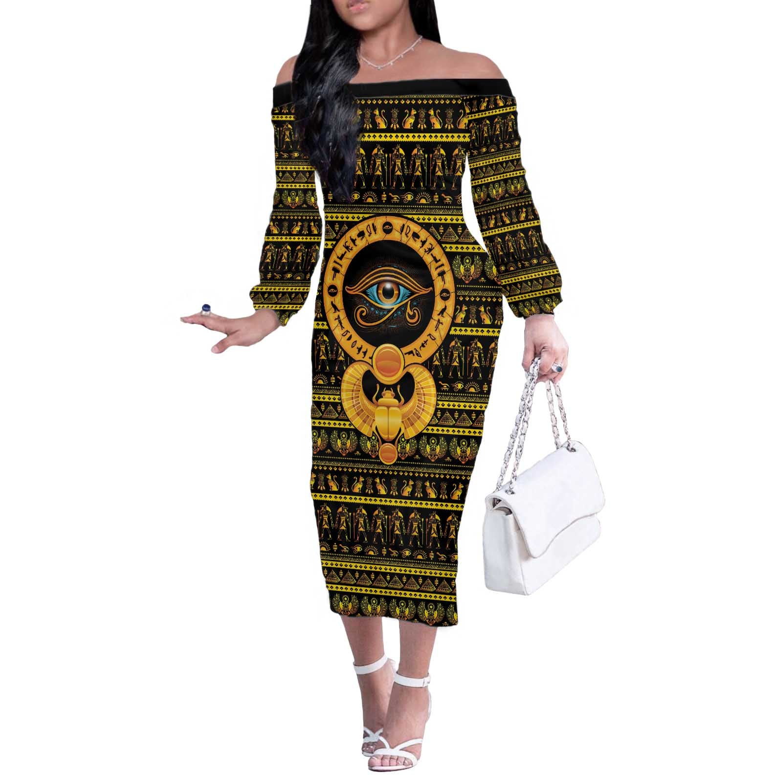 Egyptian God of The Sun Eye of Ra Off The Shoulder Long Sleeve Dress - Wonder Print Shop