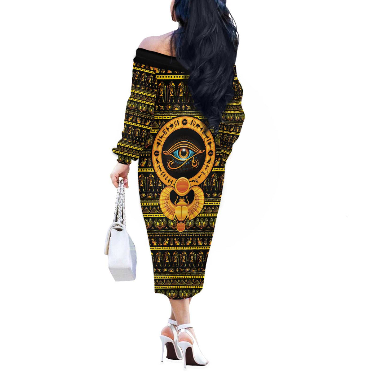 Egyptian God of The Sun Eye of Ra Off The Shoulder Long Sleeve Dress - Wonder Print Shop
