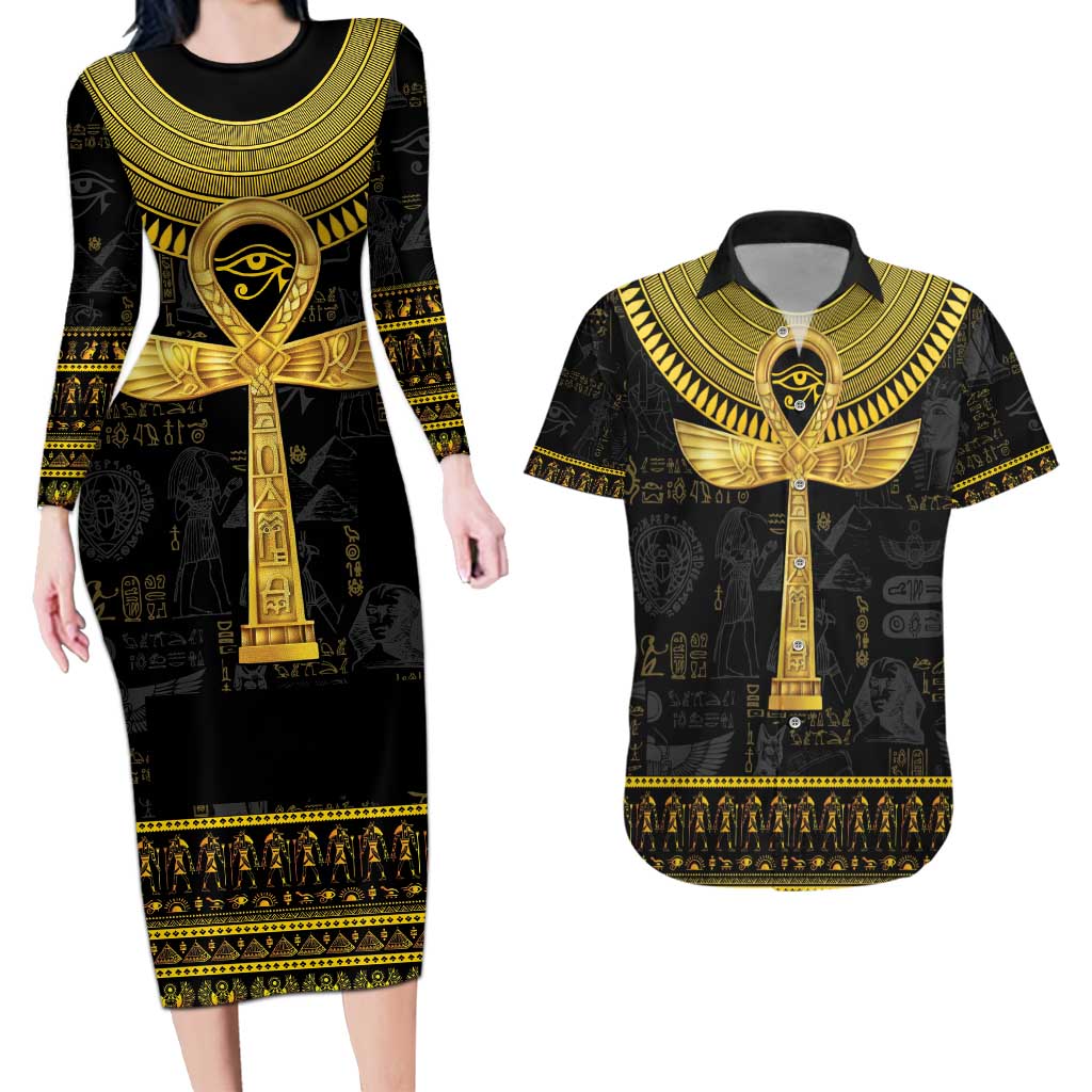 The Ankh Egyptian Hieroglyphs Couples Matching Long Sleeve Bodycon Dress and Hawaiian Shirt LT9 - Wonder Print Shop