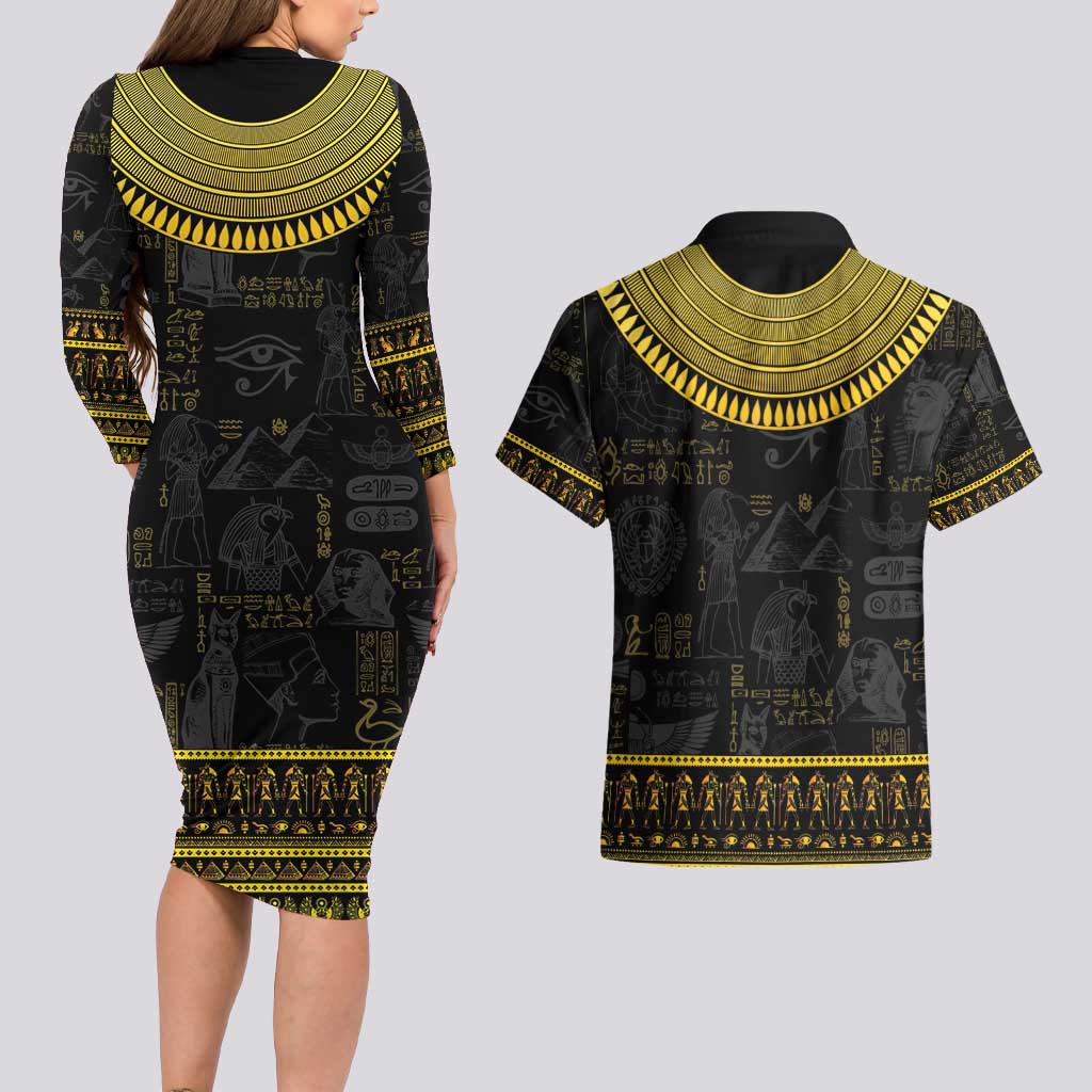 The Ankh Egyptian Hieroglyphs Couples Matching Long Sleeve Bodycon Dress and Hawaiian Shirt LT9 - Wonder Print Shop