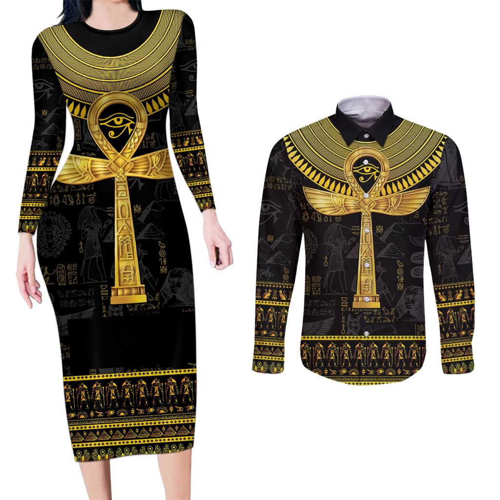 The Ankh Egyptian Hieroglyphs Couples Matching Long Sleeve Bodycon Dress and Long Sleeve Button Shirt LT9 - Wonder Print Shop