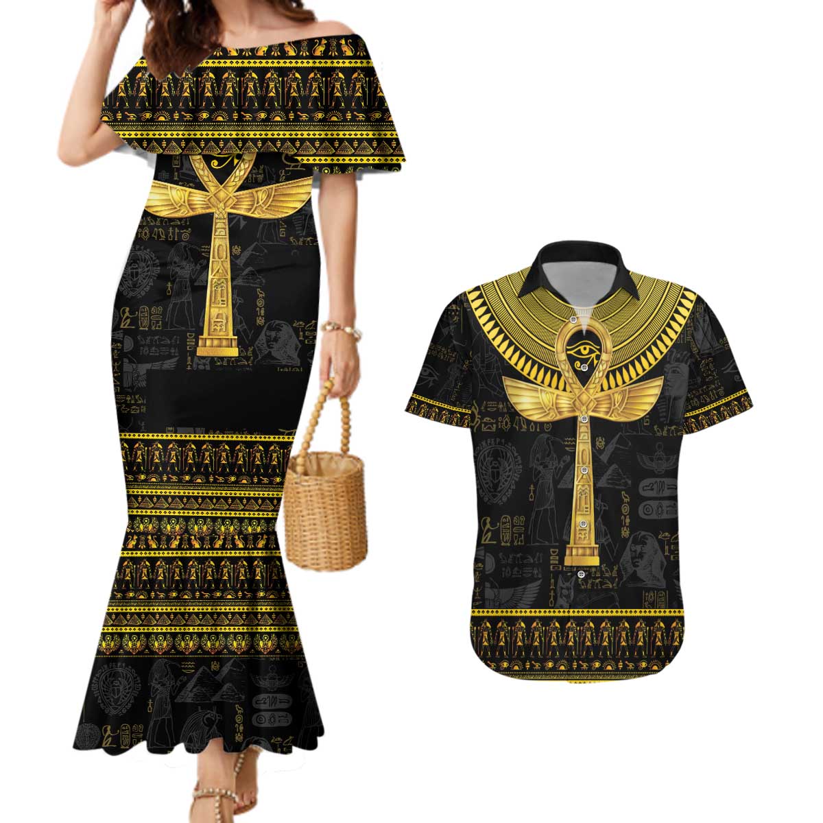 The Ankh Egyptian Hieroglyphs Couples Matching Mermaid Dress and Hawaiian Shirt LT9 - Wonder Print Shop