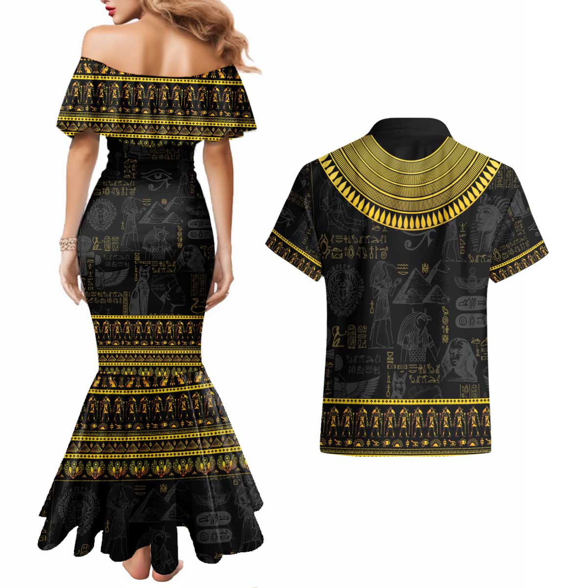 The Ankh Egyptian Hieroglyphs Couples Matching Mermaid Dress and Hawaiian Shirt LT9 - Wonder Print Shop