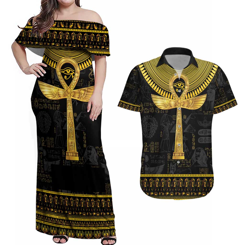 The Ankh Egyptian Hieroglyphs Couples Matching Off Shoulder Maxi Dress and Hawaiian Shirt LT9 - Wonder Print Shop