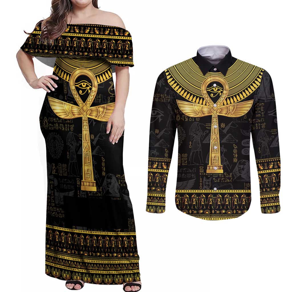 The Ankh Egyptian Hieroglyphs Couples Matching Off Shoulder Maxi Dress and Long Sleeve Button Shirt LT9 - Wonder Print Shop