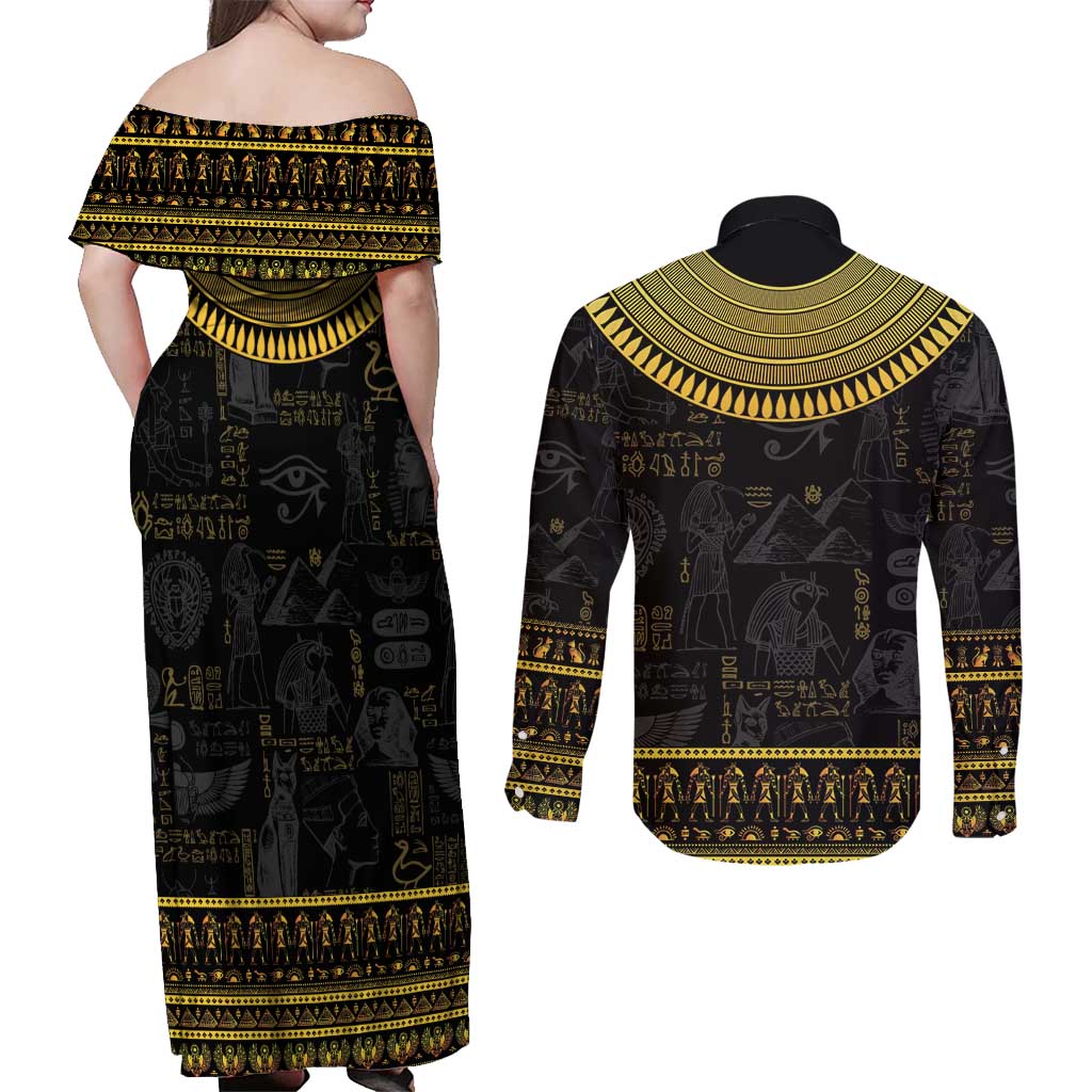 The Ankh Egyptian Hieroglyphs Couples Matching Off Shoulder Maxi Dress and Long Sleeve Button Shirt LT9 - Wonder Print Shop