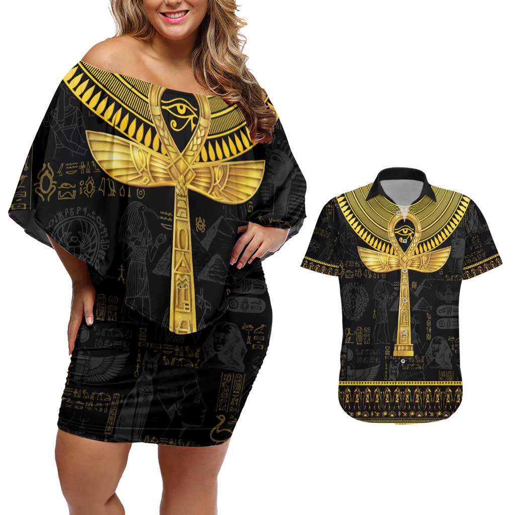 The Ankh Egyptian Hieroglyphs Couples Matching Off Shoulder Short Dress and Hawaiian Shirt LT9 - Wonder Print Shop