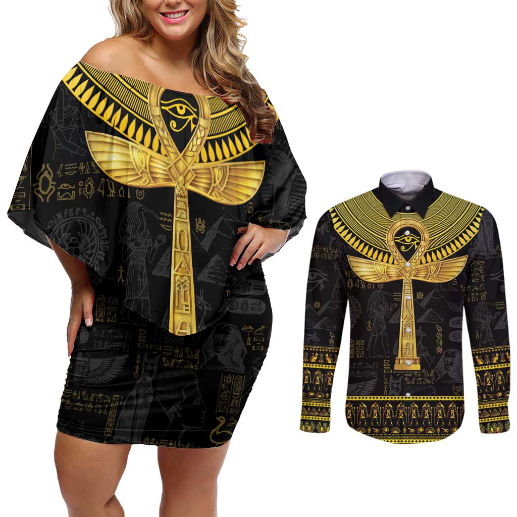 The Ankh Egyptian Hieroglyphs Couples Matching Off Shoulder Short Dress and Long Sleeve Button Shirt LT9 - Wonder Print Shop