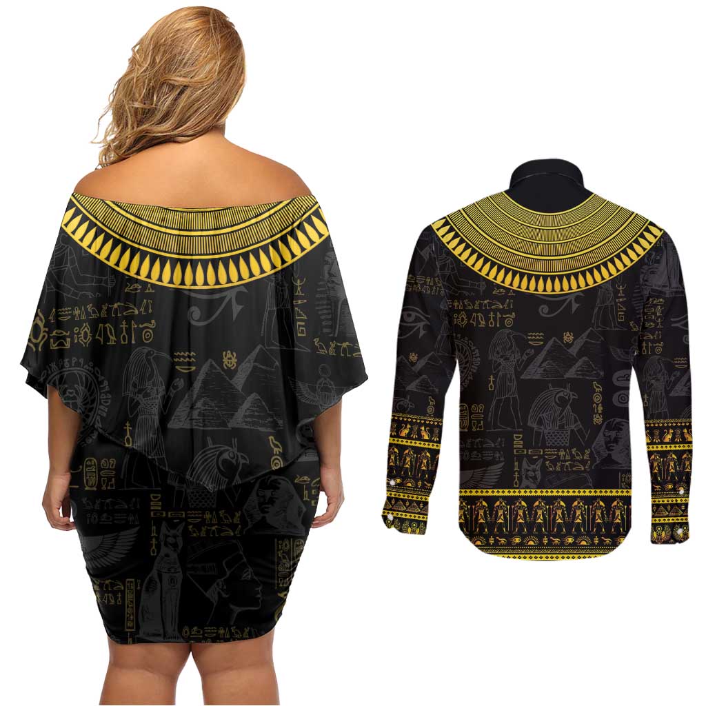 The Ankh Egyptian Hieroglyphs Couples Matching Off Shoulder Short Dress and Long Sleeve Button Shirt LT9 - Wonder Print Shop