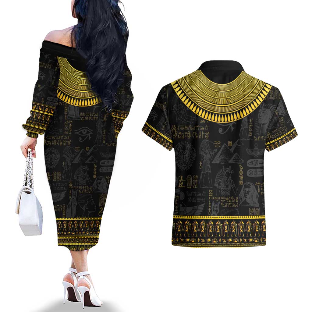 The Ankh Egyptian Hieroglyphs Couples Matching Off The Shoulder Long Sleeve Dress and Hawaiian Shirt LT9 - Wonder Print Shop