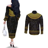 The Ankh Egyptian Hieroglyphs Couples Matching Off The Shoulder Long Sleeve Dress and Long Sleeve Button Shirt