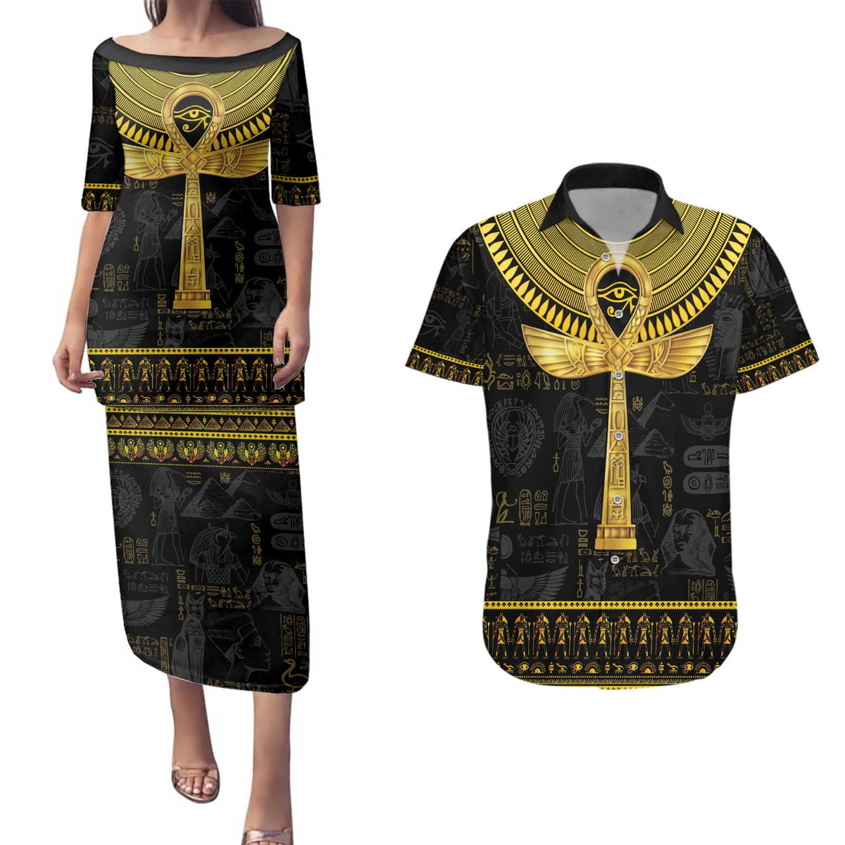 The Ankh Egyptian Hieroglyphs Couples Matching Puletasi and Hawaiian Shirt LT9 - Wonder Print Shop