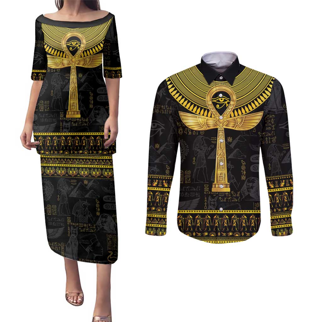 The Ankh Egyptian Hieroglyphs Couples Matching Puletasi and Long Sleeve Button Shirt LT9 - Wonder Print Shop