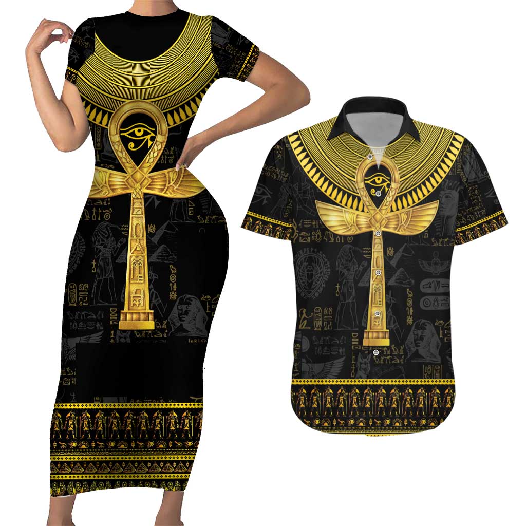 The Ankh Egyptian Hieroglyphs Couples Matching Short Sleeve Bodycon Dress and Hawaiian Shirt LT9 - Wonder Print Shop