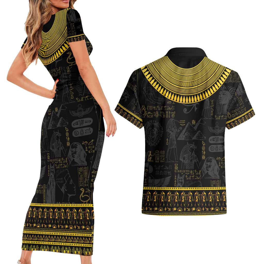 The Ankh Egyptian Hieroglyphs Couples Matching Short Sleeve Bodycon Dress and Hawaiian Shirt LT9 - Wonder Print Shop