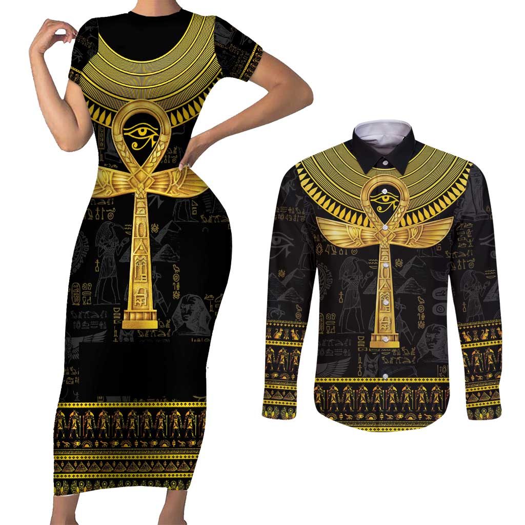 The Ankh Egyptian Hieroglyphs Couples Matching Short Sleeve Bodycon Dress and Long Sleeve Button Shirt LT9 - Wonder Print Shop