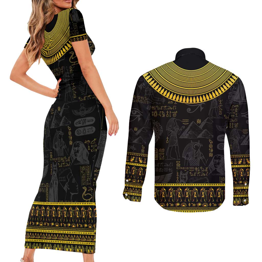 The Ankh Egyptian Hieroglyphs Couples Matching Short Sleeve Bodycon Dress and Long Sleeve Button Shirt LT9 - Wonder Print Shop