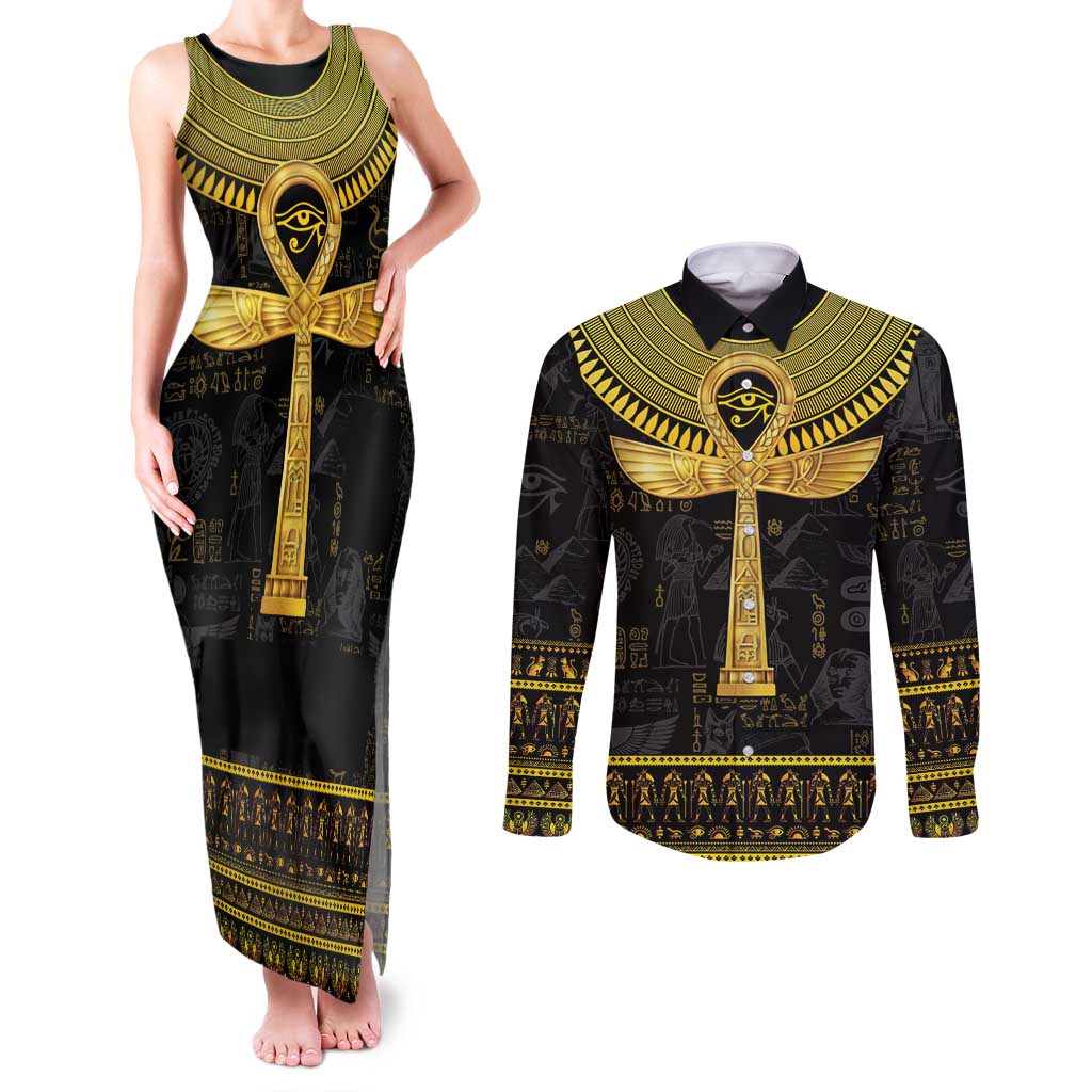 The Ankh Egyptian Hieroglyphs Couples Matching Tank Maxi Dress and Long Sleeve Button Shirt LT9 - Wonder Print Shop