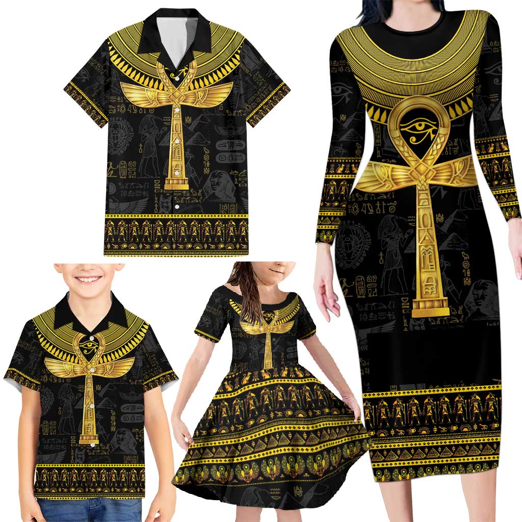 The Ankh Egyptian Hieroglyphs Family Matching Long Sleeve Bodycon Dress and Hawaiian Shirt LT9 - Wonder Print Shop