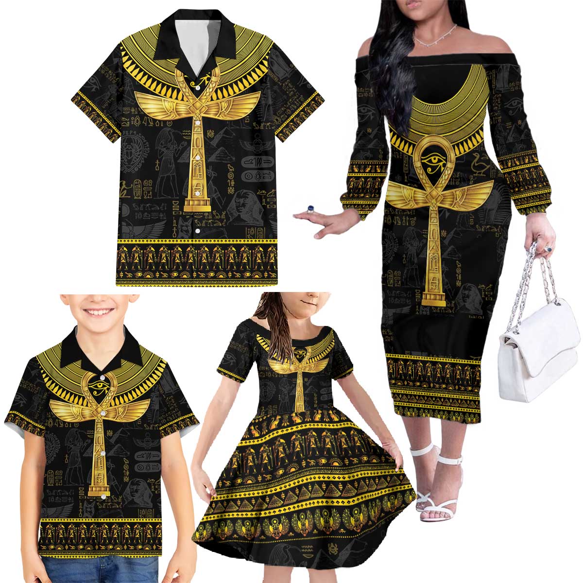 The Ankh Egyptian Hieroglyphs Family Matching Off The Shoulder Long Sleeve Dress and Hawaiian Shirt - Wonder Print Shop