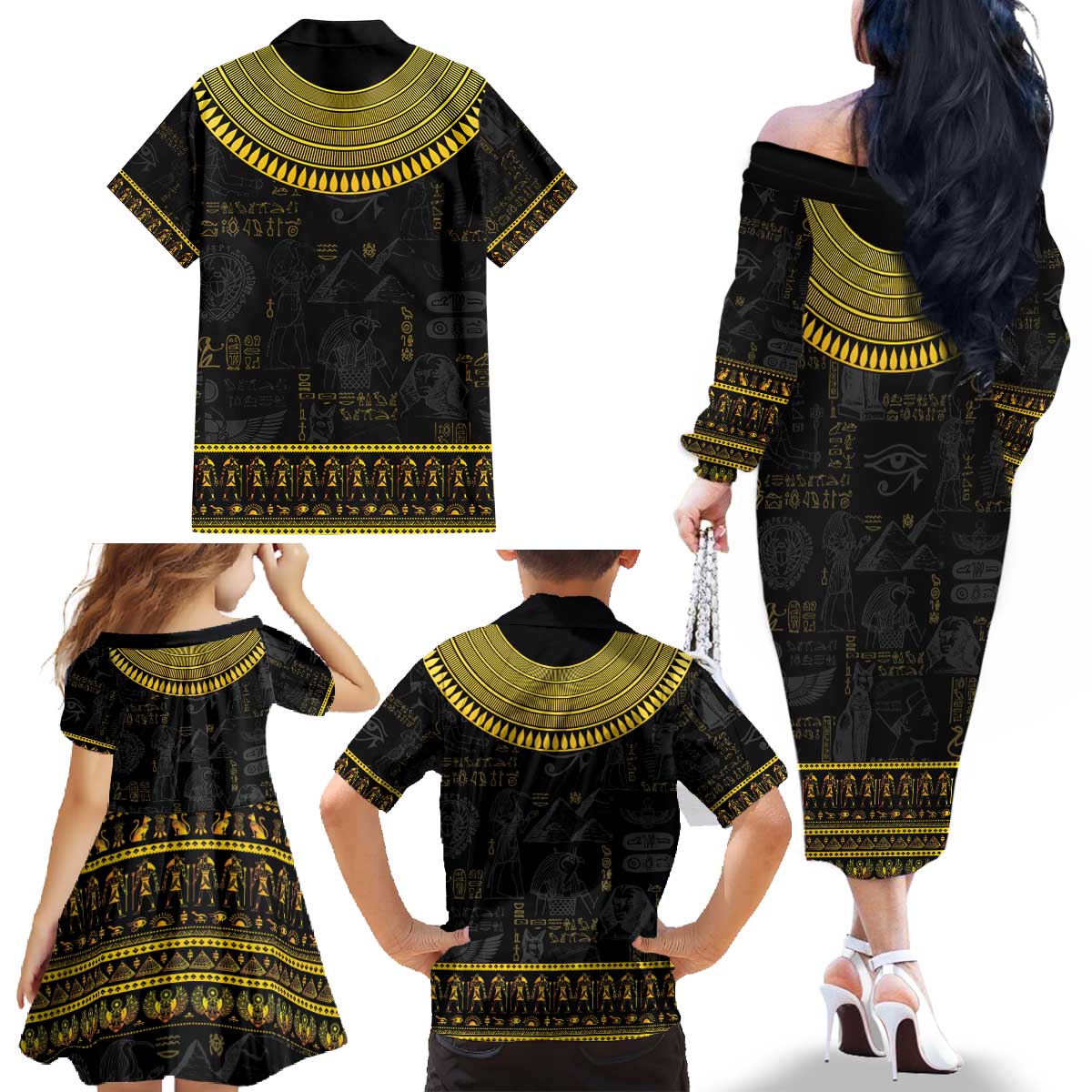 The Ankh Egyptian Hieroglyphs Family Matching Off The Shoulder Long Sleeve Dress and Hawaiian Shirt - Wonder Print Shop