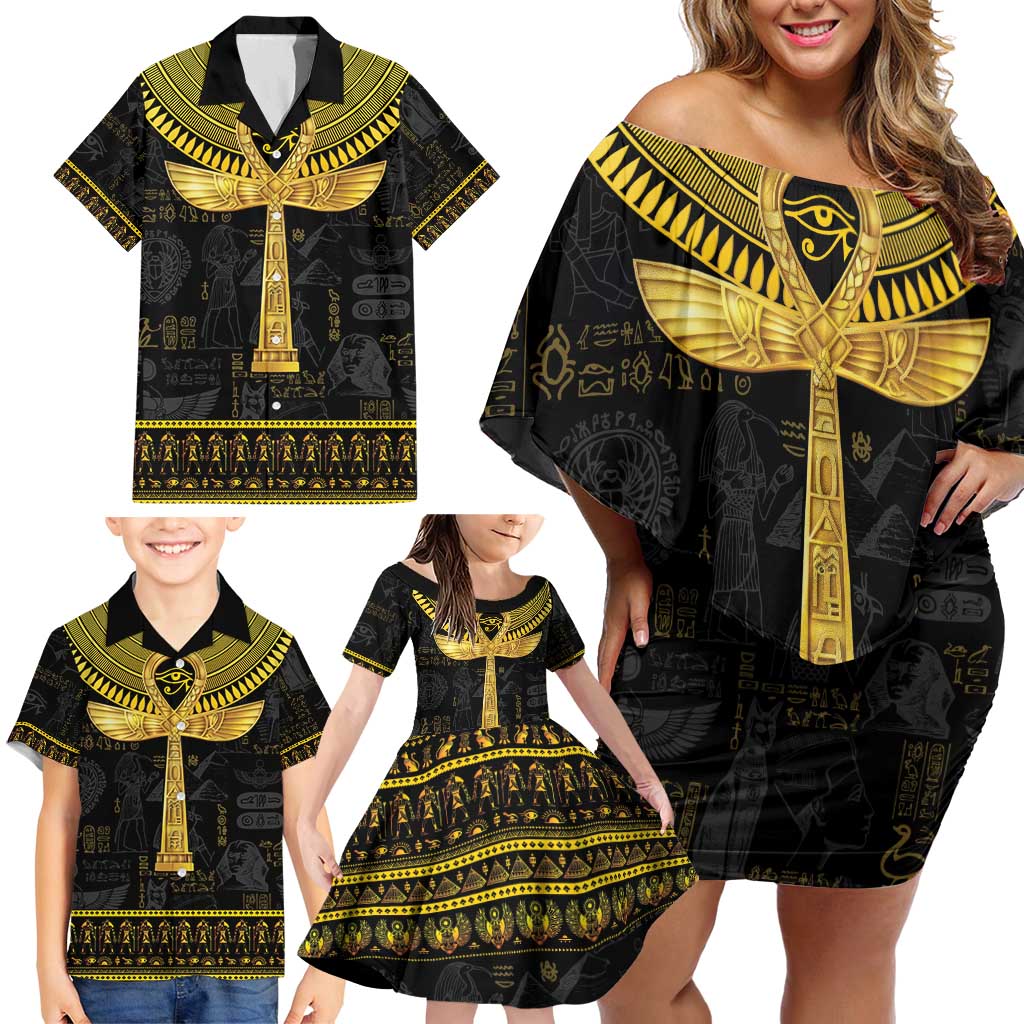 The Ankh Egyptian Hieroglyphs Family Matching Off Shoulder Short Dress and Hawaiian Shirt LT9 - Wonder Print Shop