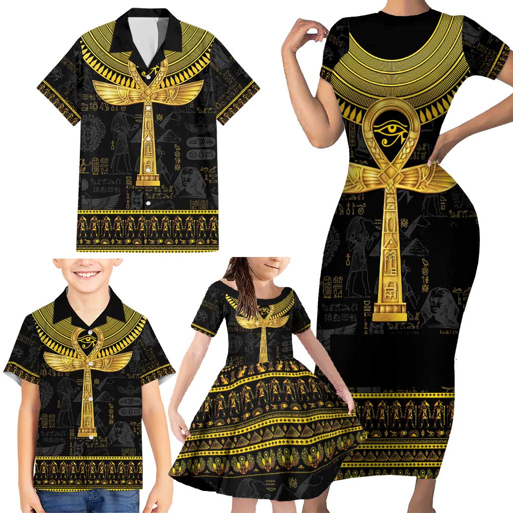 The Ankh Egyptian Hieroglyphs Family Matching Short Sleeve Bodycon Dress and Hawaiian Shirt - Wonder Print Shop