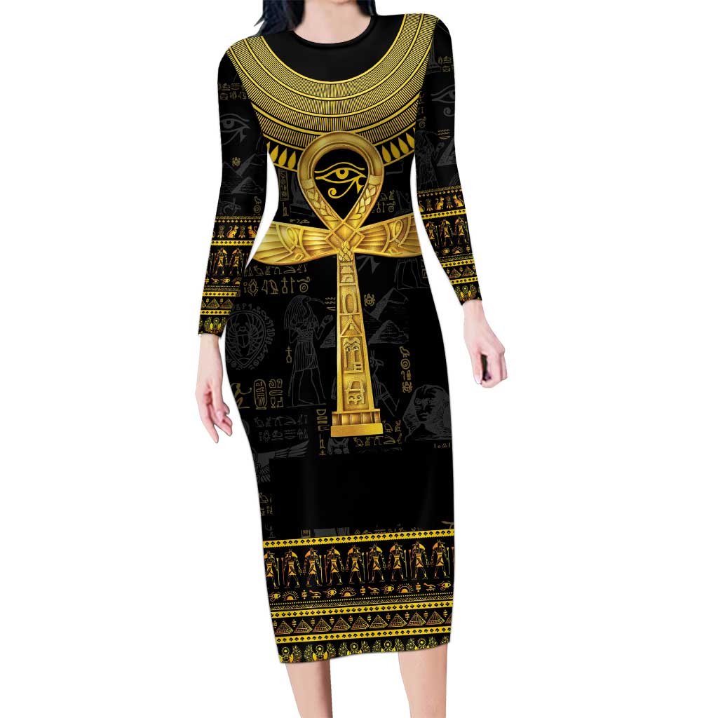 The Ankh Egyptian Hieroglyphs Long Sleeve Bodycon Dress - Wonder Print Shop