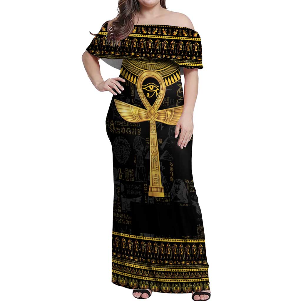 The Ankh Egyptian Hieroglyphs Off Shoulder Maxi Dress - Wonder Print Shop