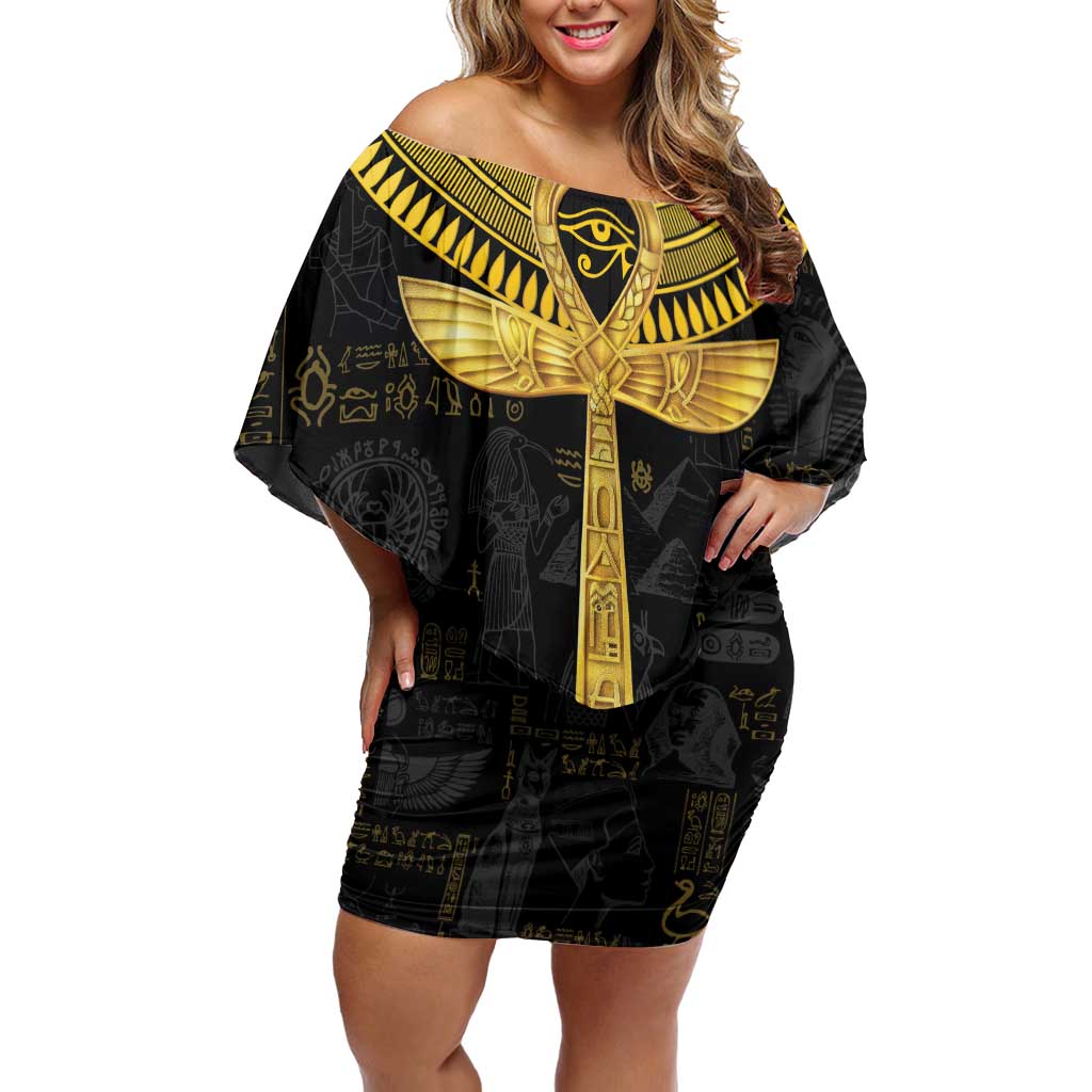 The Ankh Egyptian Hieroglyphs Off Shoulder Short Dress - Wonder Print Shop