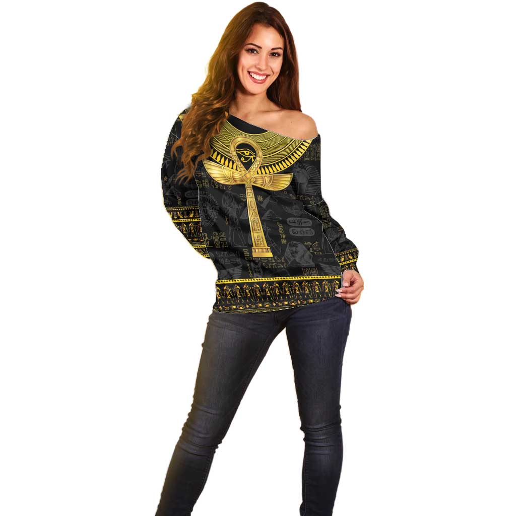 The Ankh Egyptian Hieroglyphs Off Shoulder Sweater - Wonder Print Shop