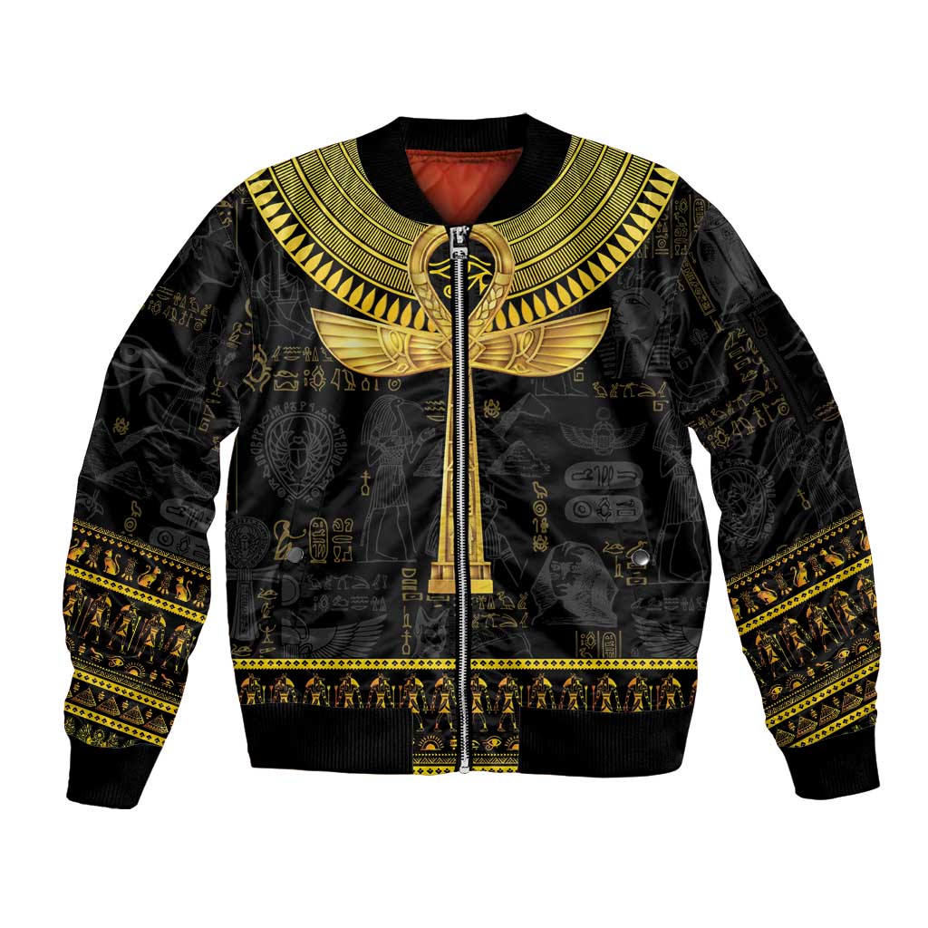 The Ankh Egyptian Hieroglyphs Sleeve Zip Bomber Jacket - Wonder Print Shop