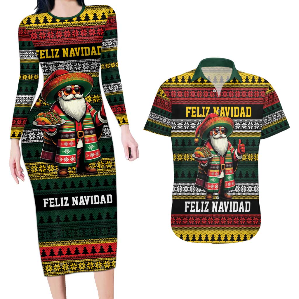 Mexican Santa Sombrero Couples Matching Long Sleeve Bodycon Dress and Hawaiian Shirt Feliz Navidad Mexico - Wonder Print Shop