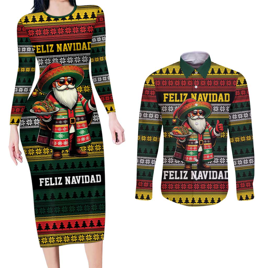 Mexican Santa Sombrero Couples Matching Long Sleeve Bodycon Dress and Long Sleeve Button Shirt Feliz Navidad Mexico - Wonder Print Shop