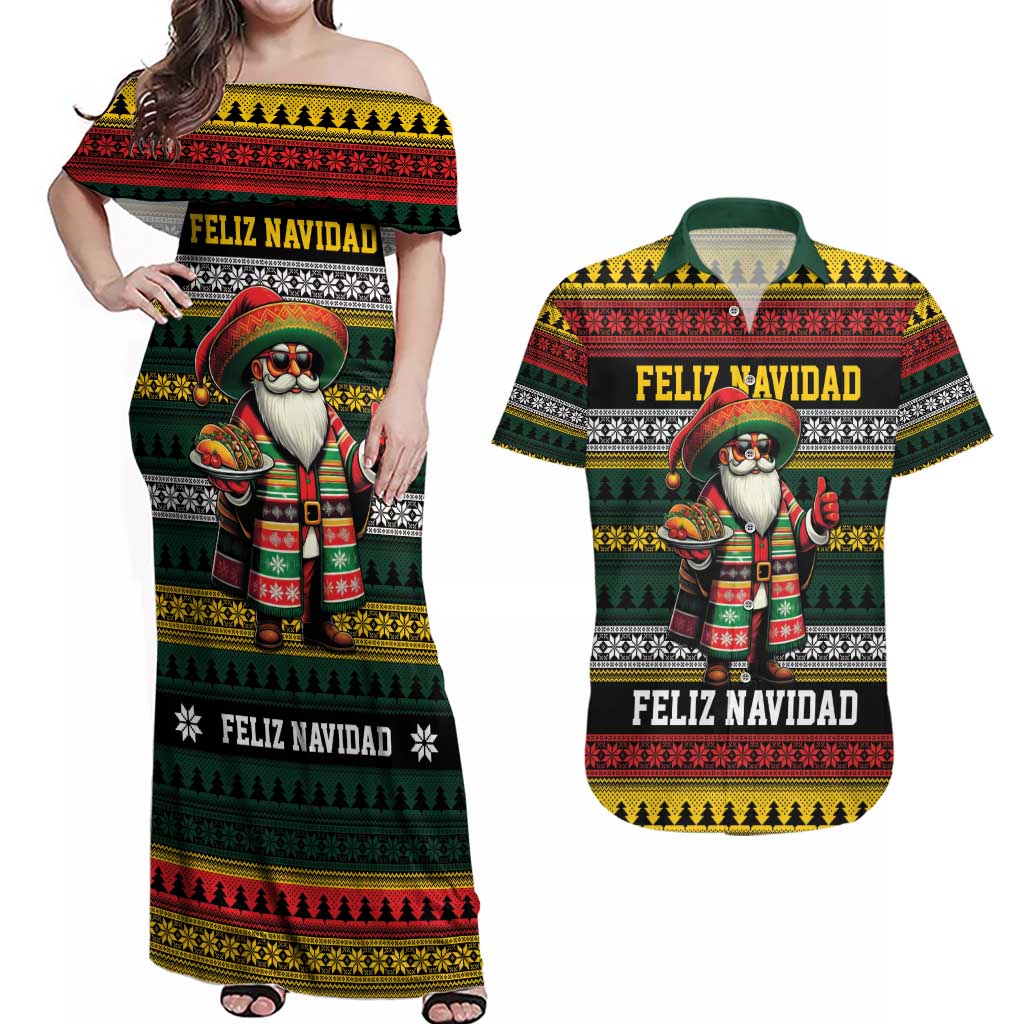 Mexican Santa Sombrero Couples Matching Off Shoulder Maxi Dress and Hawaiian Shirt Feliz Navidad Mexico - Wonder Print Shop