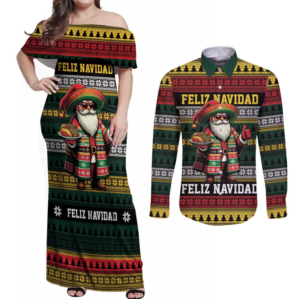 Mexican Santa Sombrero Couples Matching Off Shoulder Maxi Dress and Long Sleeve Button Shirt Feliz Navidad Mexico - Wonder Print Shop