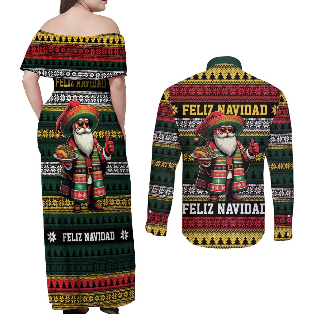 Mexican Santa Sombrero Couples Matching Off Shoulder Maxi Dress and Long Sleeve Button Shirt Feliz Navidad Mexico - Wonder Print Shop