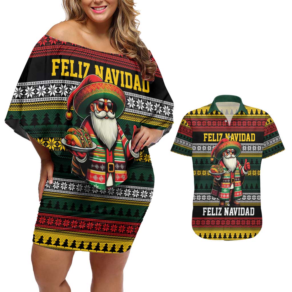 Mexican Santa Sombrero Couples Matching Off Shoulder Short Dress and Hawaiian Shirt Feliz Navidad Mexico - Wonder Print Shop