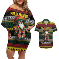 Mexican Santa Sombrero Couples Matching Off Shoulder Short Dress and Hawaiian Shirt Feliz Navidad Mexico - Wonder Print Shop