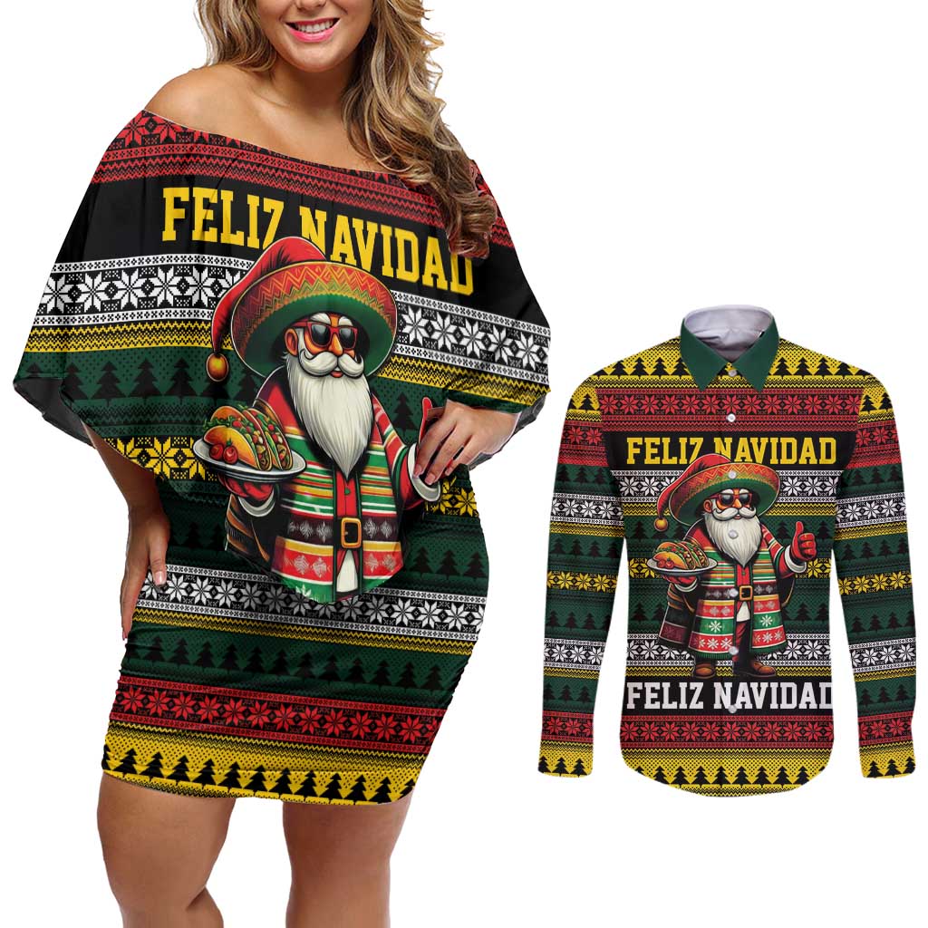 Mexican Santa Sombrero Couples Matching Off Shoulder Short Dress and Long Sleeve Button Shirt Feliz Navidad Mexico - Wonder Print Shop