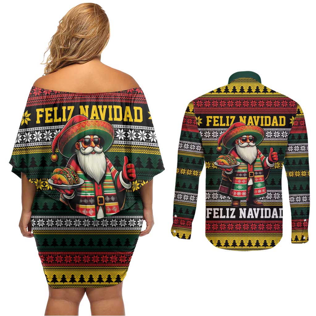 Mexican Santa Sombrero Couples Matching Off Shoulder Short Dress and Long Sleeve Button Shirt Feliz Navidad Mexico - Wonder Print Shop